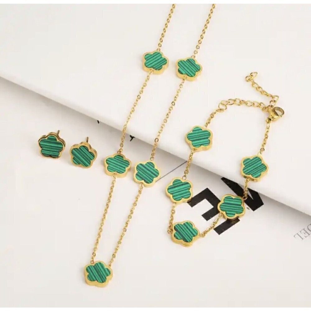 Gold Plated green Floral Clover Earrings Stainless Steel womens jewelry - Picture 4 of 6